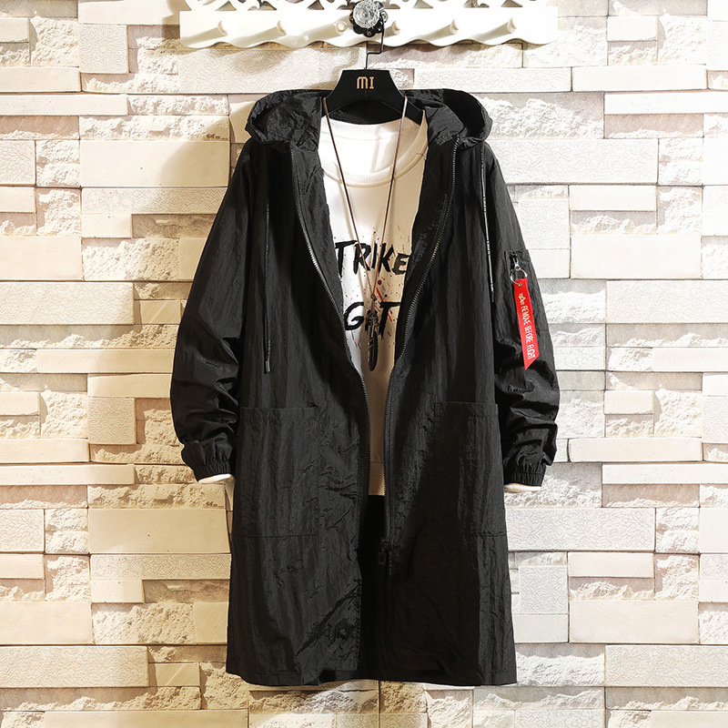 2021 Summer New Men's Hong Kong-style Loose Mid-length Hooded Sun-protective Clothing for Men Solid Color Casual Thin Windbreaker