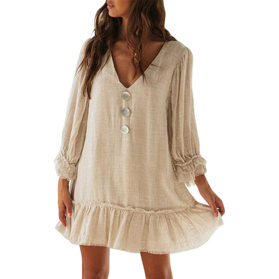 Cross-border new women's A- line skirt Amazon hot sale European and American loose long sleeve ruffled hem cotton linen dress