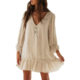 Cross-border new women's A- line skirt Amazon hot sale European and American loose long sleeve ruffled hem cotton linen dress