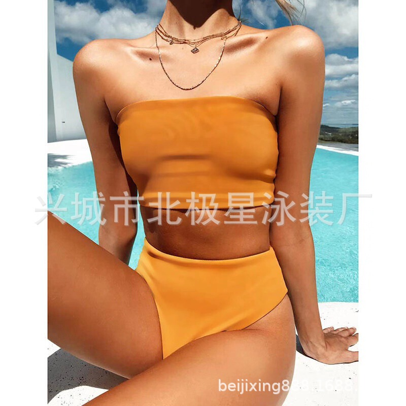 欧米の保守的な女性のハイウエストの分体ビキニの水着のビキニの純色のセクシーな胸のbikini|undefined