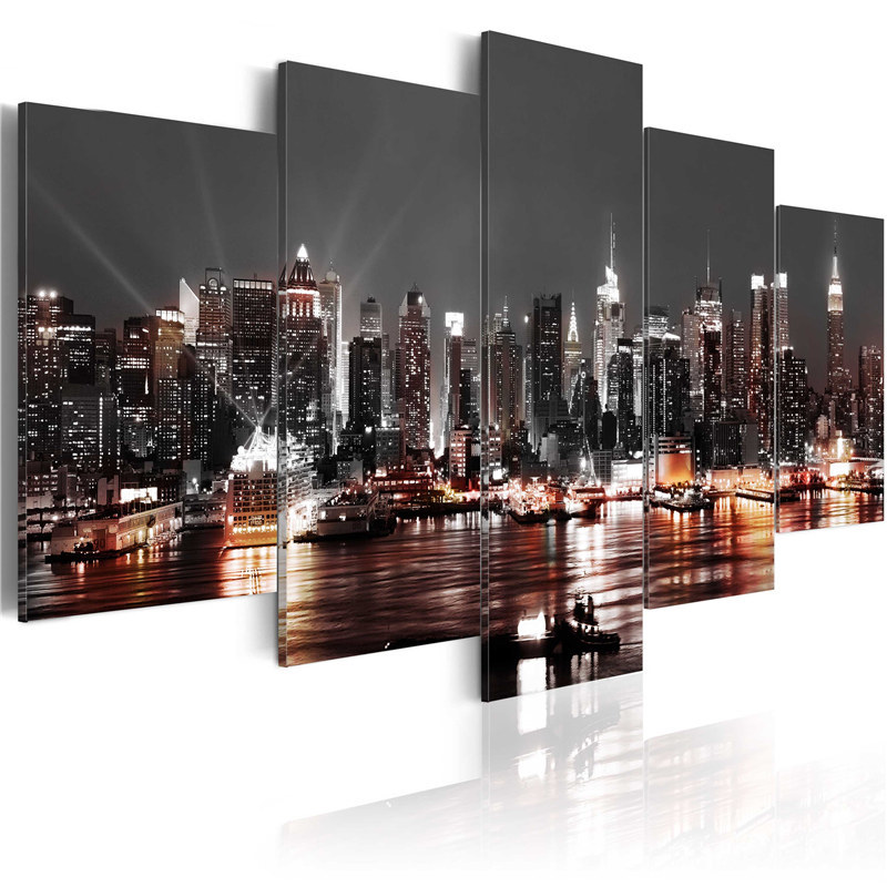 High-definition abstract modern home decoration canvas spray painting wall painting five-link three-color Night View city cross-border supply