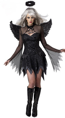 White Black Devil Fallen Angel Costume Women Sexy Halloween