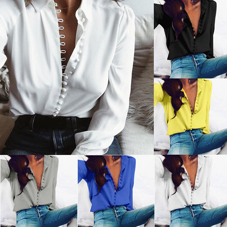 2019 Explosions European and American New Irregular Solid Color V-neck Sexy Buckle Long Sleeve Blouse