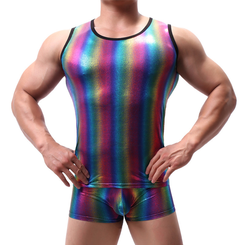 Manufacturers wholesale nylon men's vest rainbow personality leisure high elastic gymnastics round neck underwear AliExpress