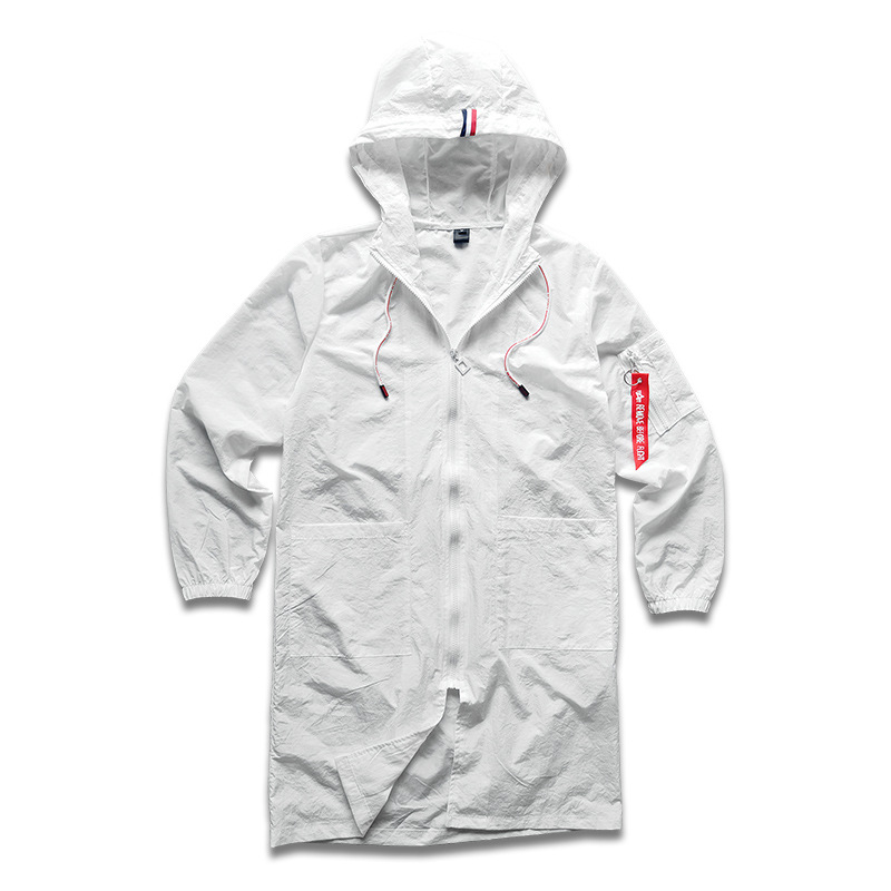 2021 Summer New Men's Hong Kong-style Loose Mid-length Hooded Sun-protective Clothing for Men Solid Color Casual Thin Windbreaker