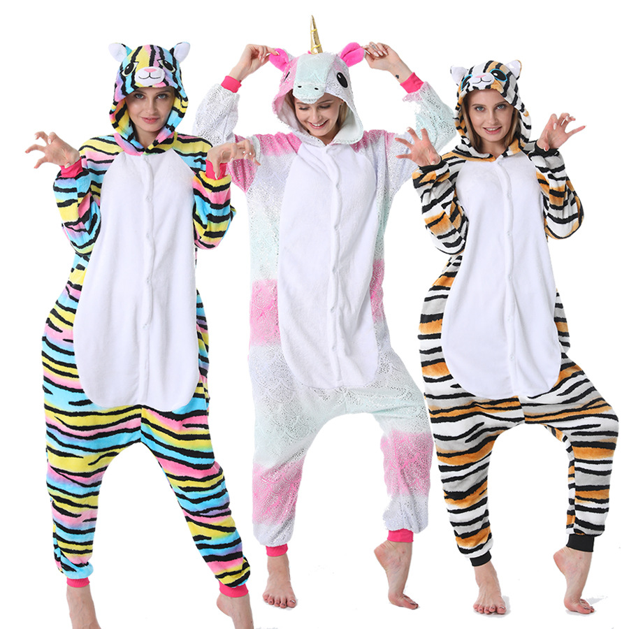 Flannel autumn and winter couple cartoon animal one-piece pajamas Tianma unicorn adult dinosaur pajamas