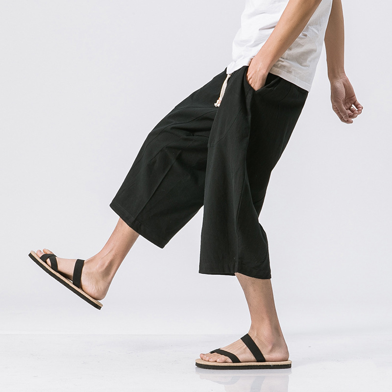 Summer New Chinese Style Large Size Harem Pants Men's Fashion Linen Men's Capri Pants Trendy Loose Cotton and Linen Men's Pants