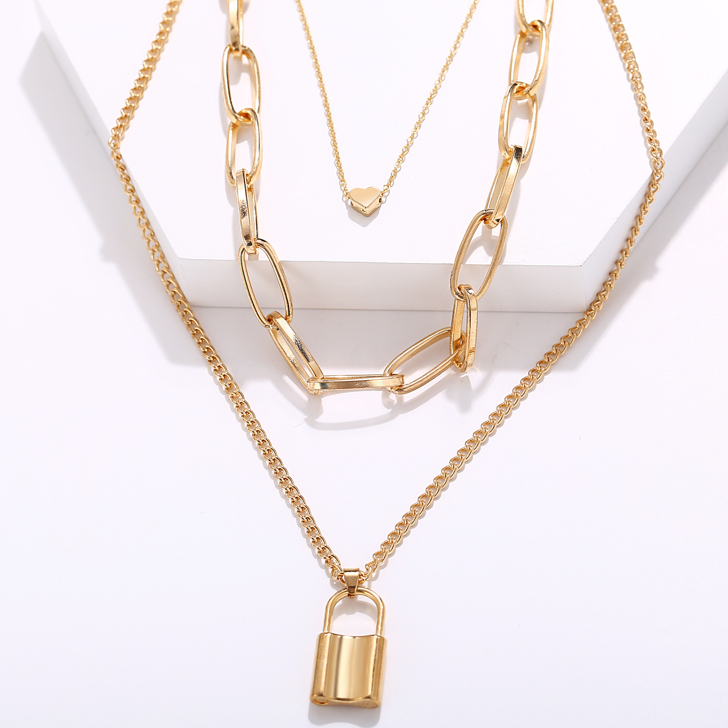 new multi-layer necklace creative retro simple peach lock pendant three-layer sweater chain_voghion.com