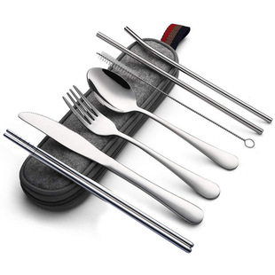 Amazon titanium plated stainless steel portable tableware 304 stainless steel straw knife fork spoon chopsticks combination set titanium plated