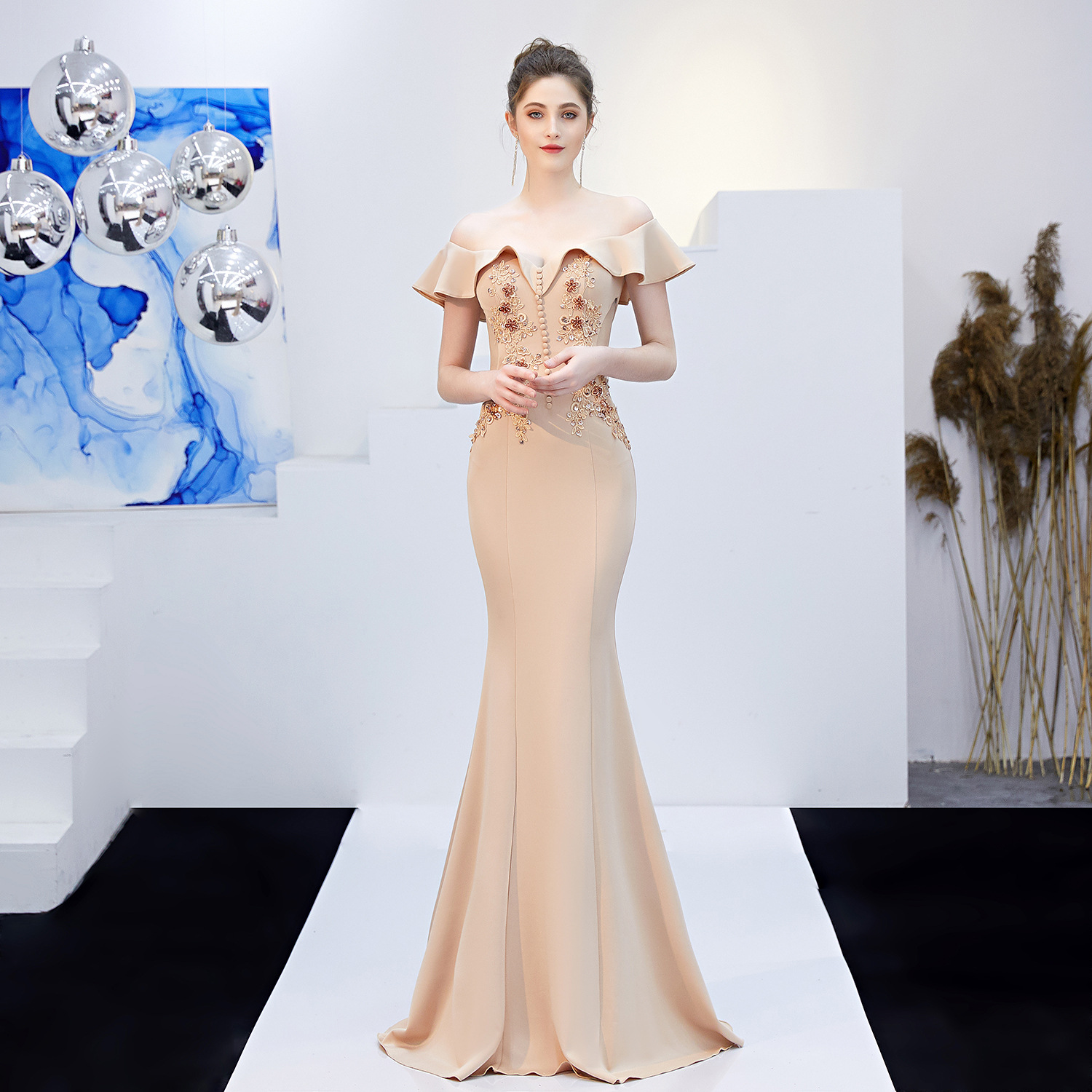 16268# Toast Dress Bride Long Red Off-shoulder Appreciation Banquet Slim Fishtail Dress Wedding Evening Dress for Women