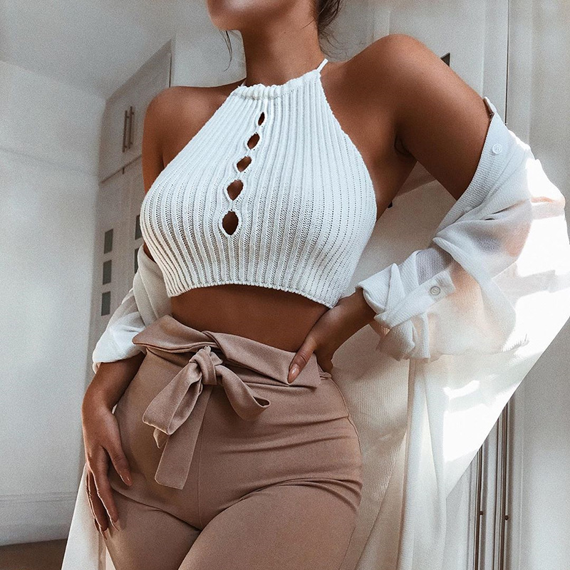 European and American Amazon bm Ice Silk Knitted Hollow Hanging Neck with Small Sling Sexy Spice Girl Wearing All-match Vest