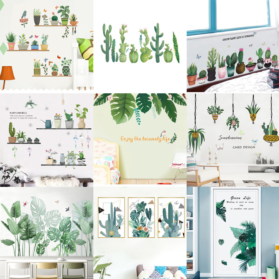 Nordic fresh green plant wall decoration stickers potted leaves living room bedroom hallway dress up waterproof removable