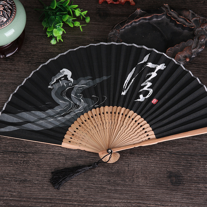 Chinese Style Zen Japanese Style Folding Fan with Bamboo Handle and Kimono Fan Cotton and Linen Fan Dragonfly Ink Mood Empty Cool