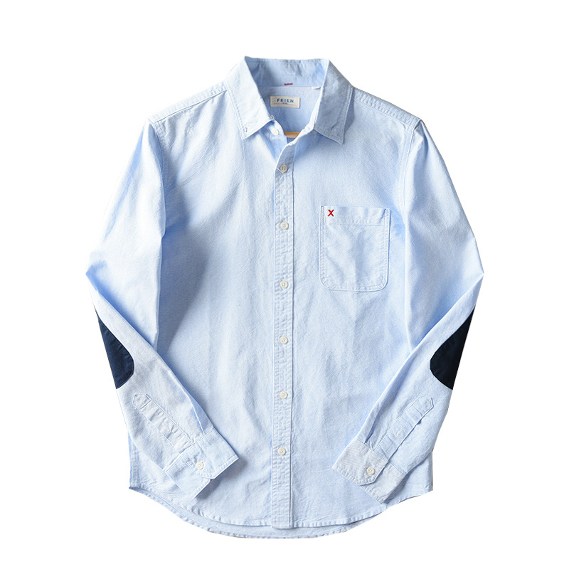 Oxford Spinning Shirt Men's Long Sleeve Japanese Style Vintage Pure Cotton Men's Shirt Elbow Collage Patch Casual Shirt Men's