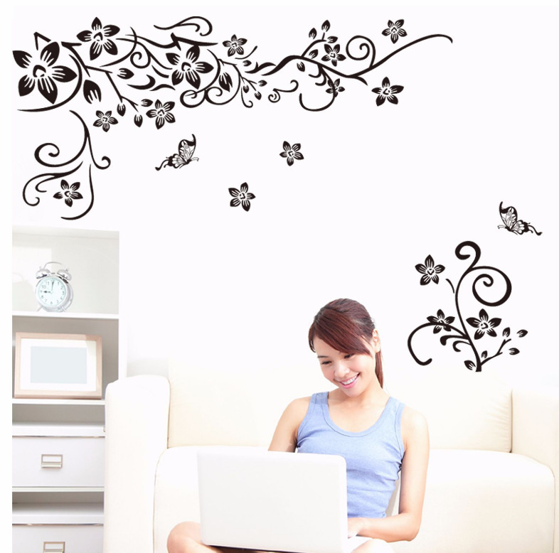 Popular Black Butterfly diagonal Vine European and American black TV background wall sticker JM8382 factory wholesale