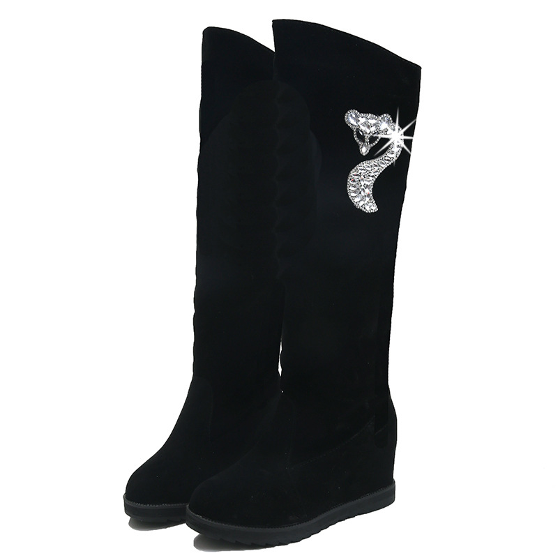 Women's Long Boots Autumn and Winter New Inner Height Increasing Sleeve Women's Cotton Boots Rhinestone Decoration Korean Style Snow Boots Women