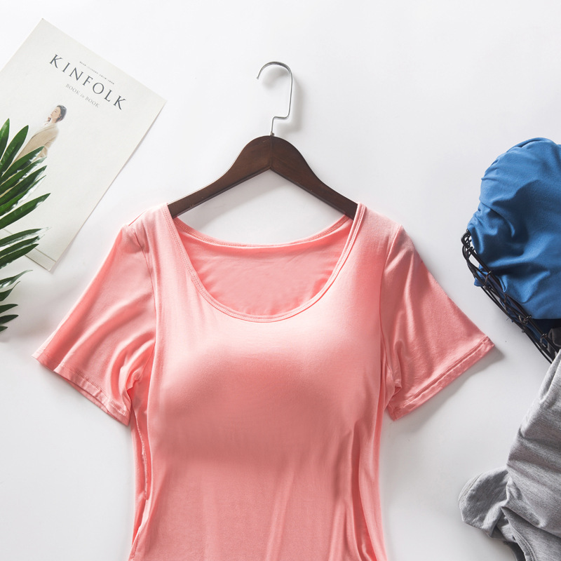 2019 Spring and Summer Vest Women's Modal One-piece Sports Underwear with Chest Pad Solid Color Non-bra Short-sleeved T-shirt