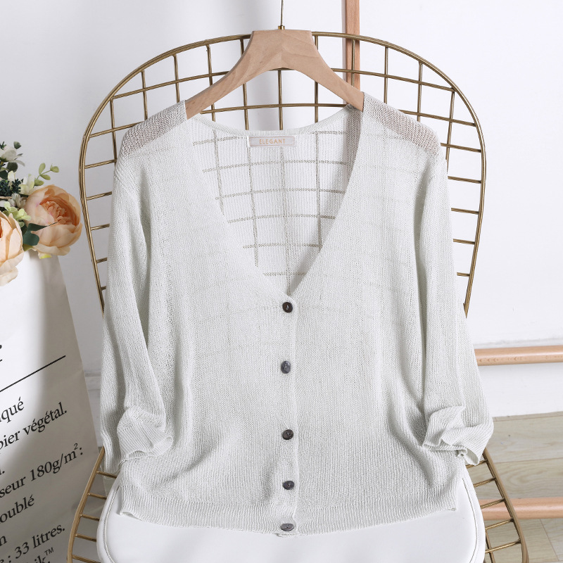 Summer Sunscreen Cardigan External Ice Silk Knitted Sweater Women's Short Ice Hemp Shawl Seven-sleeve Air-conditioning Shirt Ultra-thin Jacket