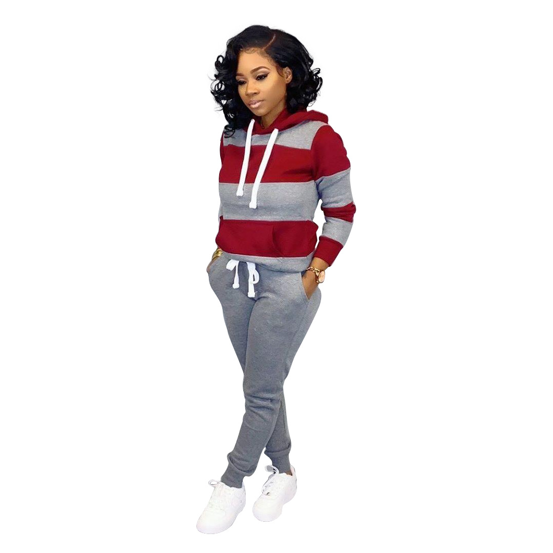 X6005 Cross-border Stripe Stitching Hooded Sweatshirt Pants Set Amazon Explosions European and American Women's Wear