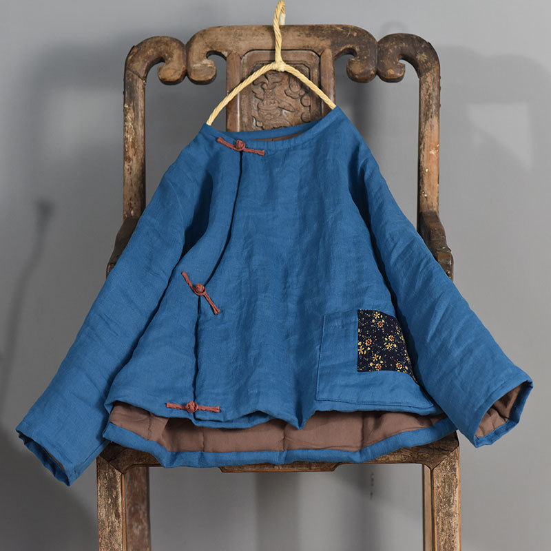 Liangchen/cotton ramie hand-made buckle cotton-padded jacket original retro biased cotton-padded jacket ultra short loose pure linen coat winter