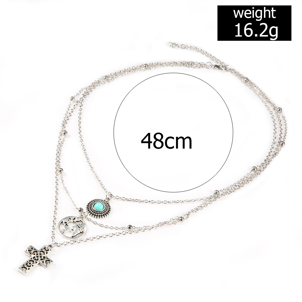New European and American cross-border exclusive personalized cross turquoise map three-tier necklace