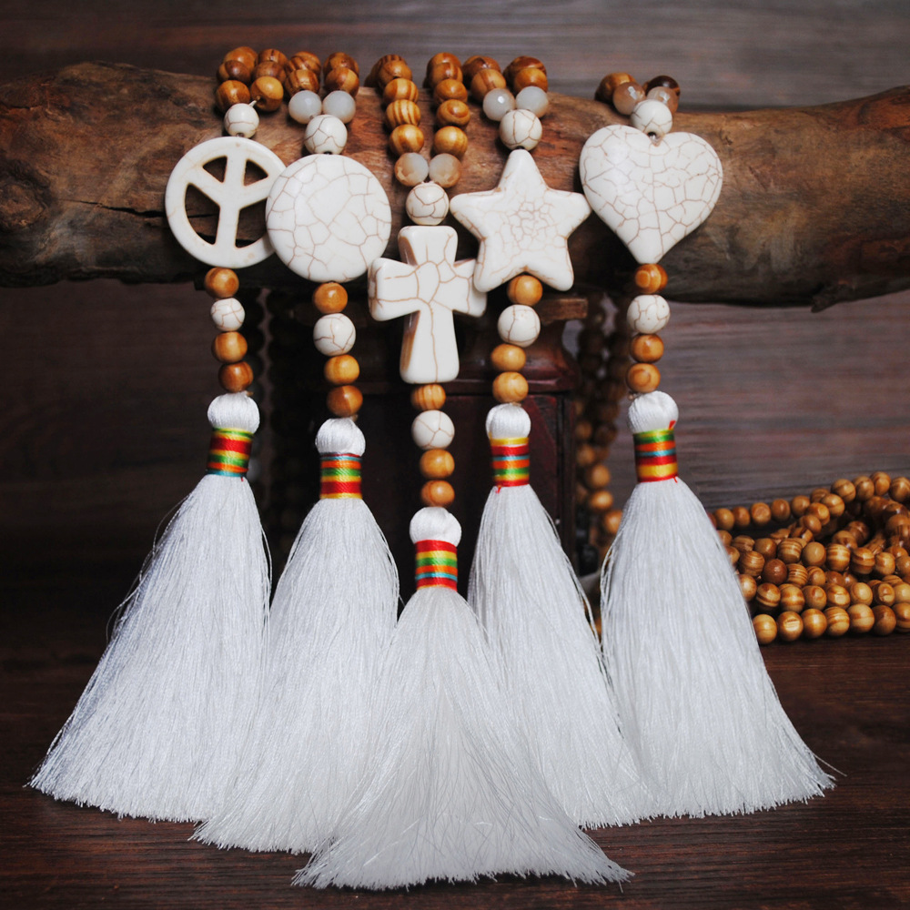 temu hot selling handmade string wooden bead necklace women's cross turquoise long tassel sweater chain cross-border jewelry wholesale