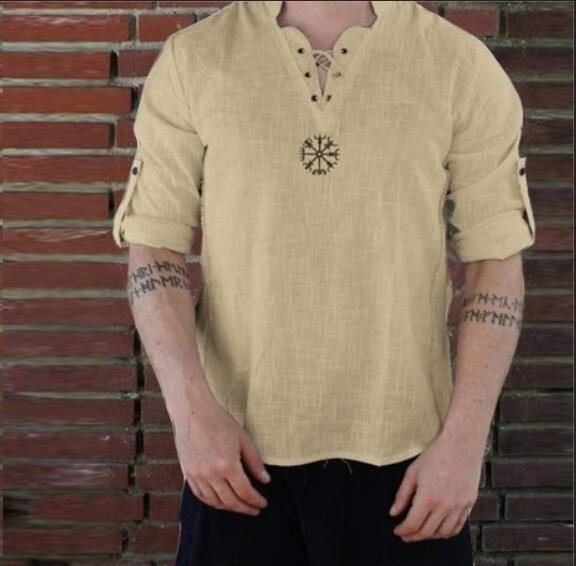 2023 cross-border wish cross-border cotton and linen fashion embroidered long sleeve stand collar shirt T-shirt men's long sleeve T-shirt