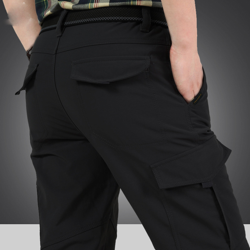 Men's quick-drying pants winter outdoor multi-pocket pants men's fleece-lined thick straight windproof pants