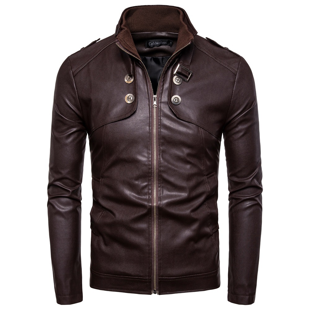 Foreign Trade Amazon E-Commerce New Men's Button Decorative Motorcycle PU Leather Casual Men's Leather Jacket Coat