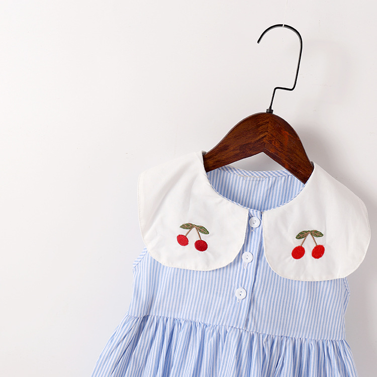 2024 New Girls' Lapel Striped dress Sleeveless Vessel Skirt Girls Korean Style Refreshing Summer Skirt