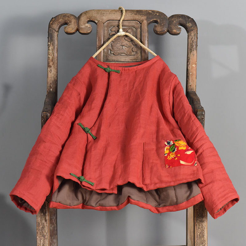 Liangchen/cotton ramie hand-made buckle cotton-padded jacket original retro biased cotton-padded jacket ultra short loose pure linen coat winter