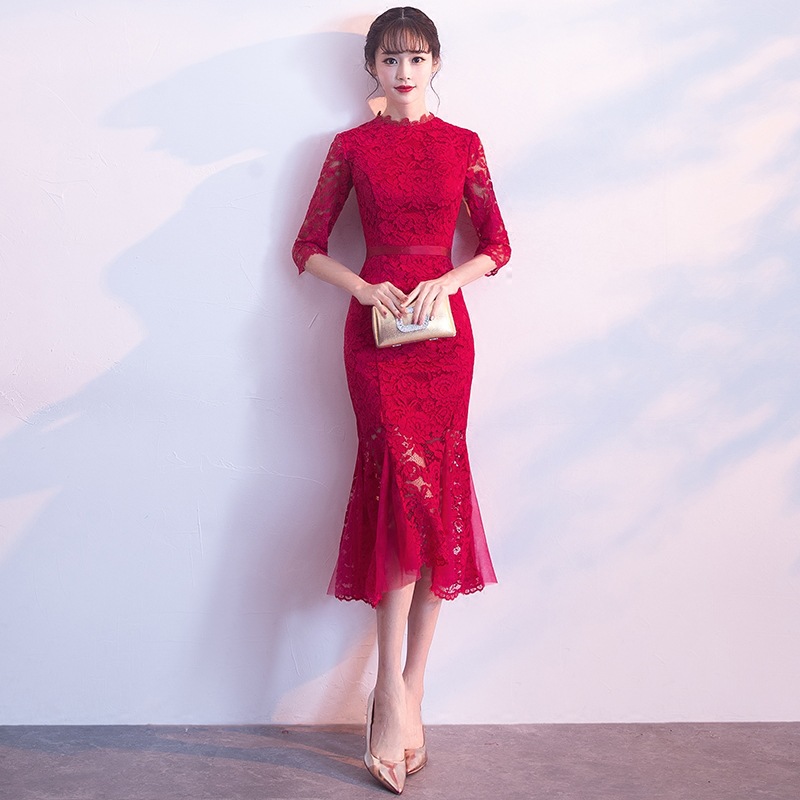 Bride Toast Dress Cheongsam 2023 New Spring Red Back Door Banquet Evening Dress Fishtail Modern Wedding Dress