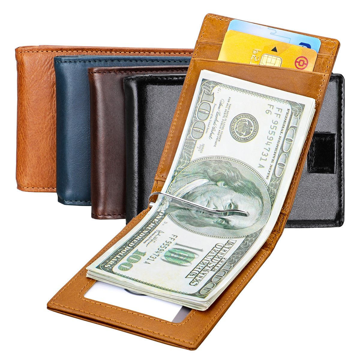 Factory spot RFID Crazy Horse leather gold clip European and American short wallet ultra-thin dollar leather mini small card bag
