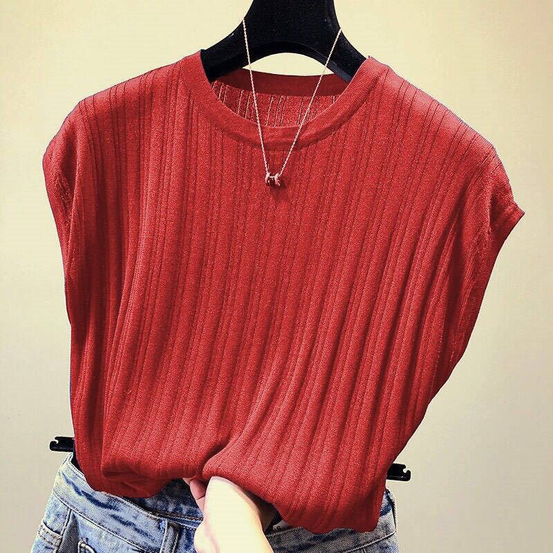 2023 Summer New Korean Style Loose Slimming Solid Color Short-sleeved T-shirt Women's Large Size Knitted Top Base Shirt for Women