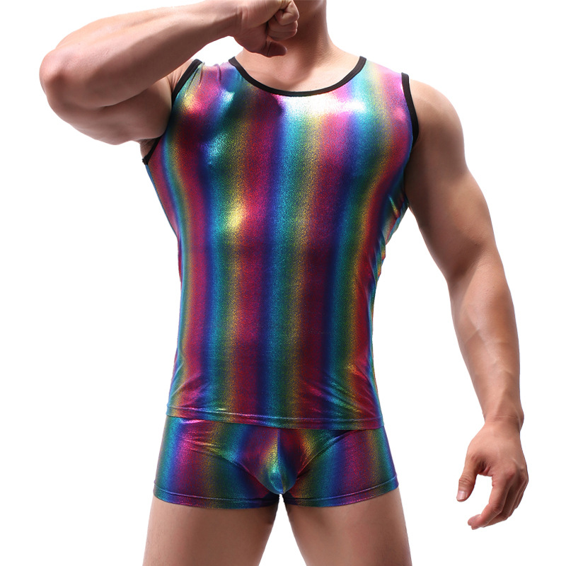 Manufacturers wholesale nylon men's vest rainbow personality leisure high elastic gymnastics round neck underwear AliExpress