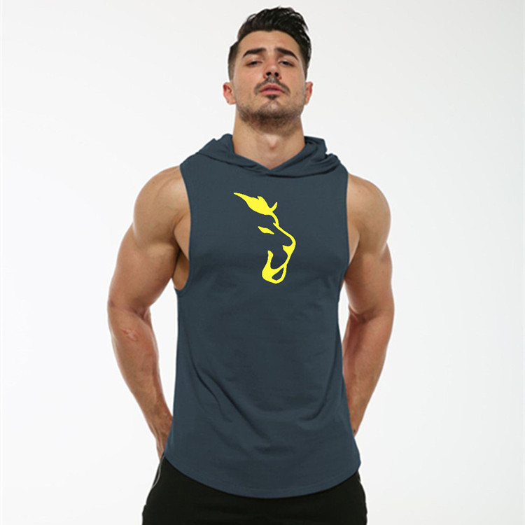 European and American Men's Fitness Sports hooded vest summer hooded curved hem elastic sweat-absorbent wolf head printed vest