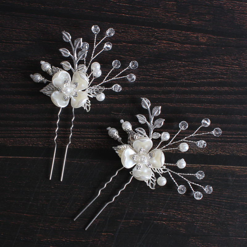 Korean style bridal headdress Pearl Flower leaf hair fork wedding accessories handmade hairpin U-shaped clip