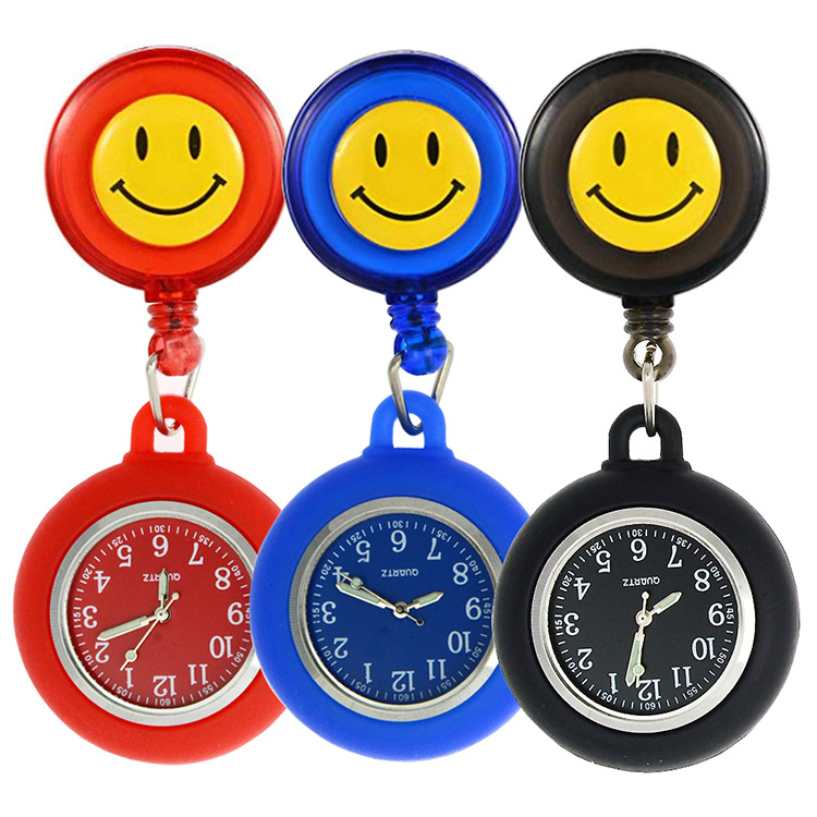 Smiley Face Retractable Nurse Watch Female Student Examination Electronic Watch Doctor Pocket Watch Easy Pull Buckle Silicone Color Face Chest Watch