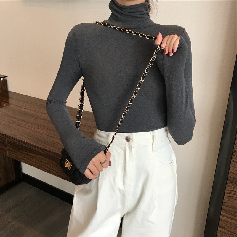Solid Color High Collar Base Shirt Women's 2023 All-match Korean Style Internet Popular Autumn and Winter Inner Long Sleeve T-shirt Women's Slim-fit Top Trendy
