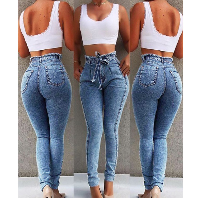 In stock wish Amazon European and American women's jeans stretch slim tassel belt high waist jeans for women