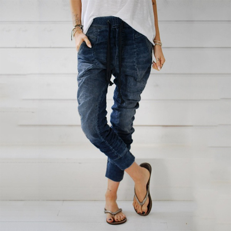 Spot direct purchase wish Amazon Europe and the United States cross-border ladies denim pants leg lace-up denim pants Harlan pants