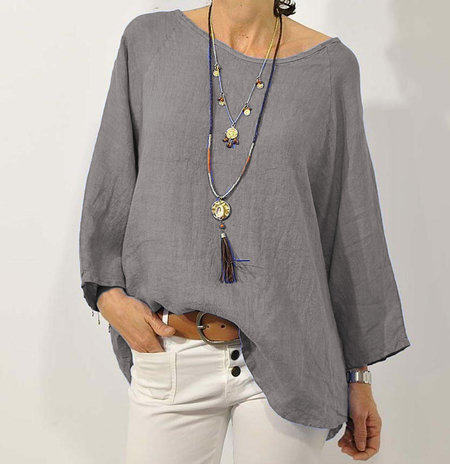 Spot 2023 Cross-border European and American Foreign Trade Women's Top Solid Color Cotton and Linen Round Neck Raglan Sleeve Nine-sleeve Blouse