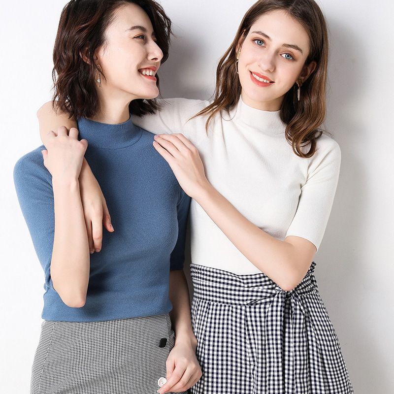 White T-shirt Women's Spring 2022 New Korean-style Half-sleeve Solid Color Slim-fit Middle-sleeve Top with 5-sleeve Knit Sweater