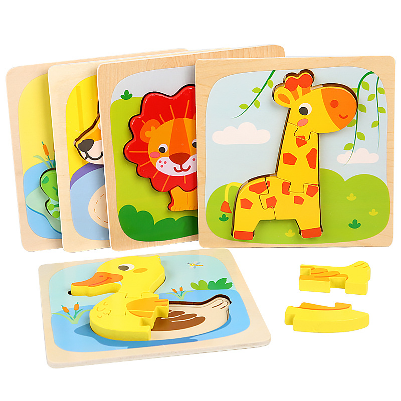 Hot selling toys wooden children cartoon Three-dimensional puzzle training concentration early education building blocks animal matching puzzle 3d