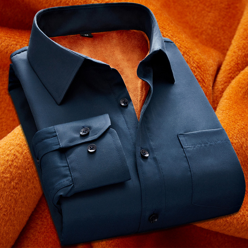 Autumn and Winter New Fleece-lined Thickened Men's Solid Color Shirt Foreign Trade Business Casual Fleece-lined Warm Long-sleeved Slim-fit Shirt