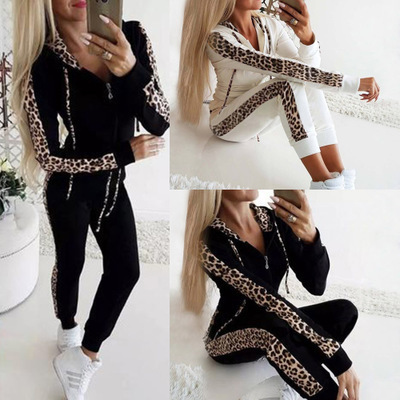 2022 Amazon wish European and American autumn and winter New explosions leopard print long sleeve printed zipper sweater pants set women