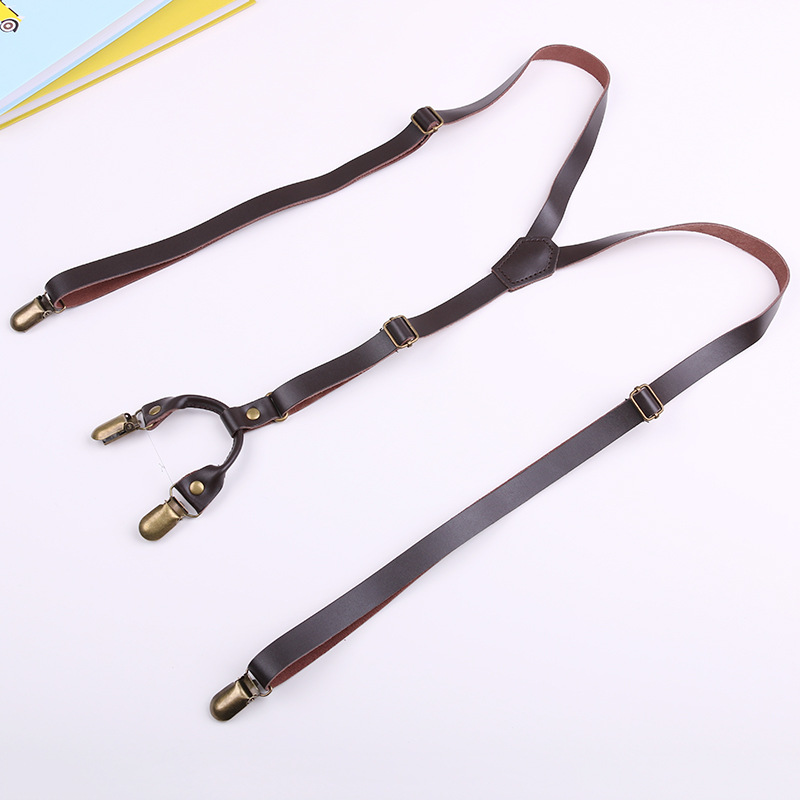Vintage Suspender Adult Four-clip Jeans Suspender Strap Men's and Women's Narrow Cowhide Suspender Strap