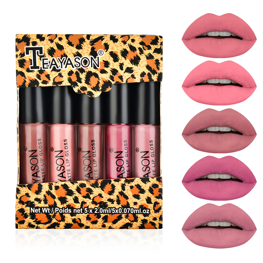 Cross-border matte matte lip glaze five mini set box lip gloss lipstick is not easy to touch the Cup nude pumpkin color