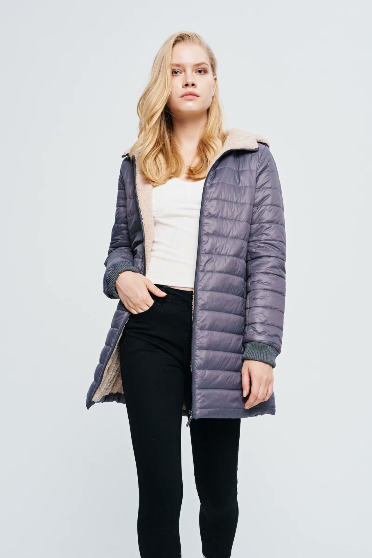 24 autumn and winter new long Korean style hooded slim fit plus velvet cotton long hooded plaid cotton women's cotton-padded jacket_voghion.com
