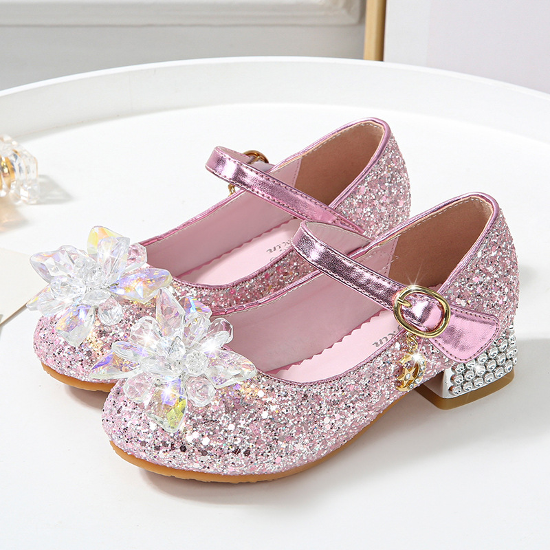 Children's Crystal Shoes 2023 Spring and Autumn New Girls High-heeled Princess Shoes Single-layer Shoes Little Girls Sequin Leather Shoes for Children